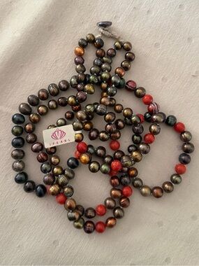 IPEARL Freshwater Pearl & Coral Bead Necklace | Double Strand Statement Jewelry
